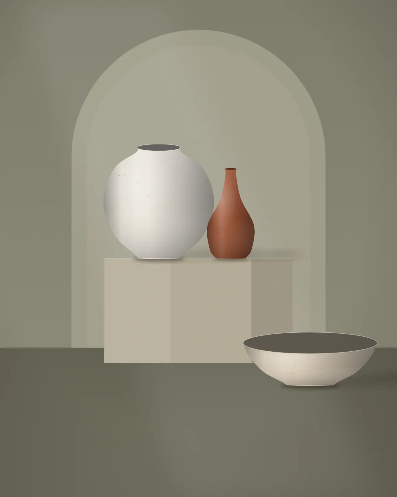 A bone moon jar and rust bud vase on a stone plinth inside an arched niche