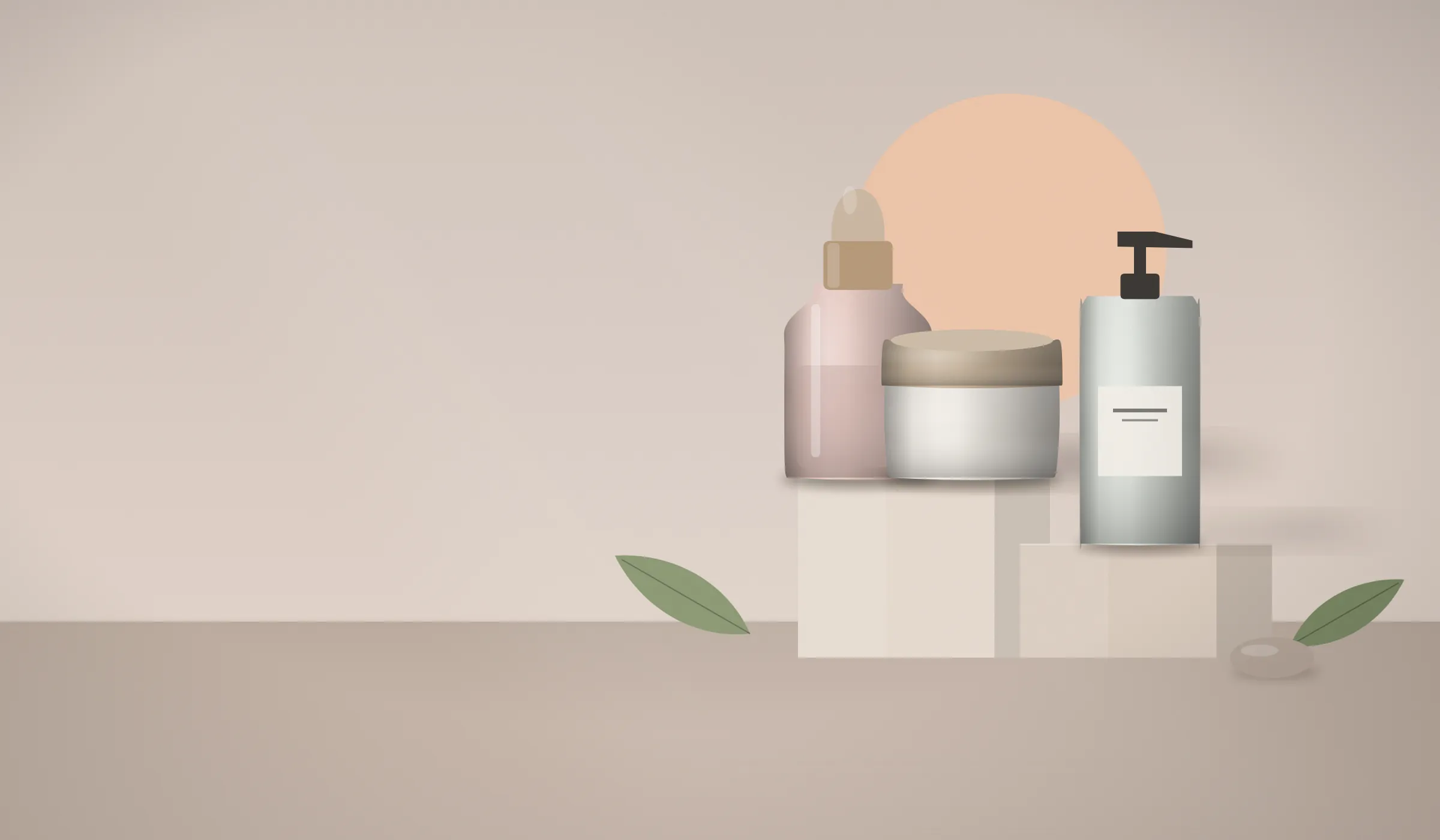 A face oil, cream jar and cleanser on stone plinths in soft pink light