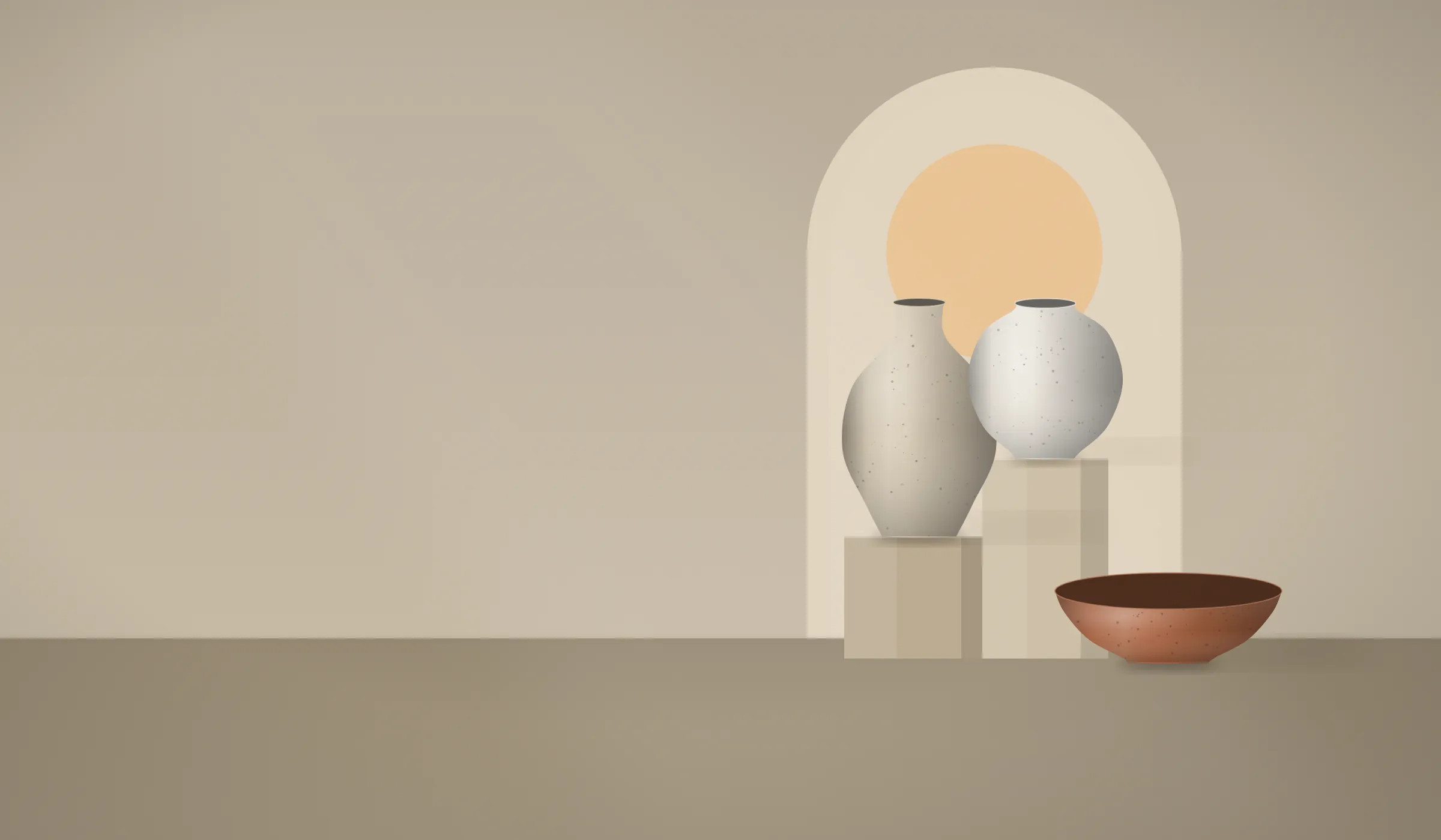 Three hand-thrown stoneware vessels on plinths in front of an arched niche lit by low sun